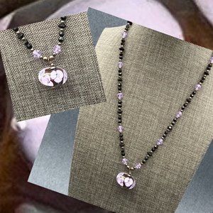 Glass Pendant Necklace Silver Purple Plum Flower Spheroid Ellipsoid Beaded BoHo